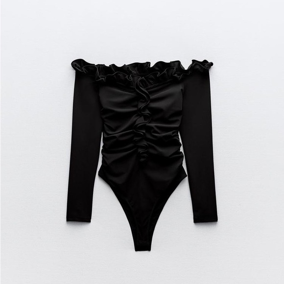 Zara Tops - NWT Zara Ruffled Ruched Bodysuit Black Small